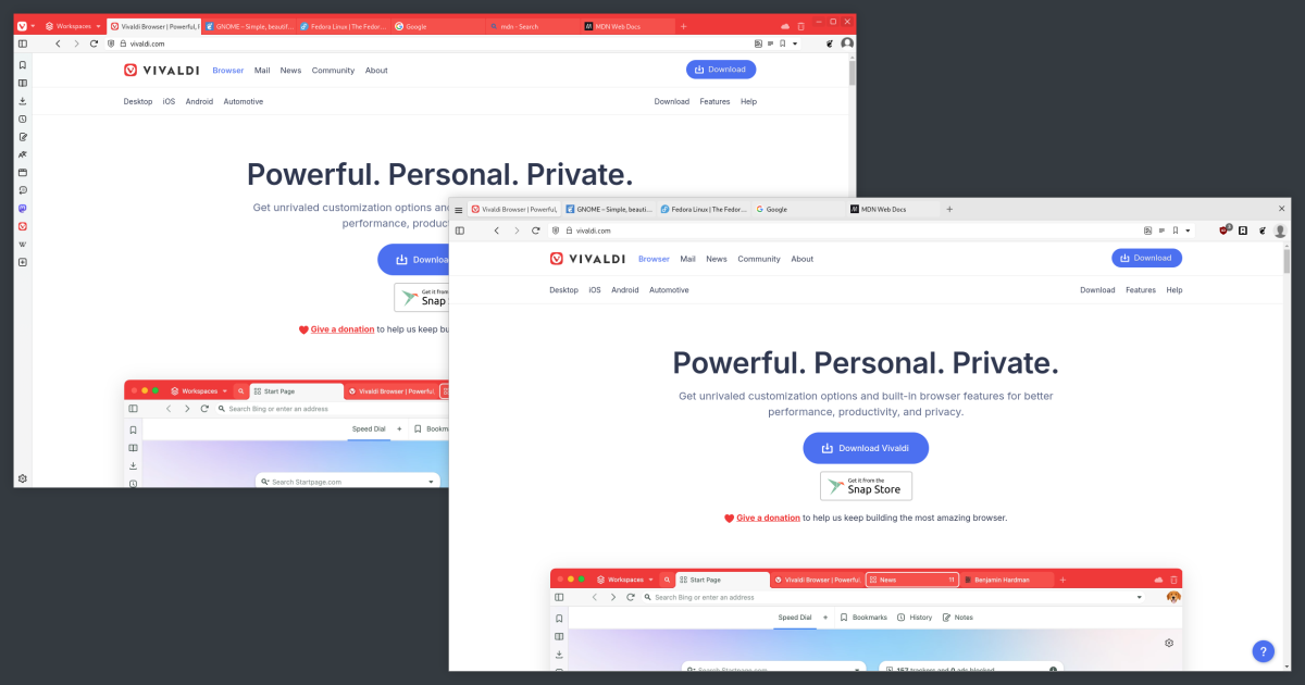 Image showing Vivaldi before and after being personalised. Image showing Vivaldi browser before and after being personalised.